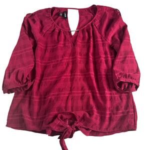 A Byer Womens Large Burgundy Cold Shoulder Blouse Tie Front Textured 3/4 Sleeve